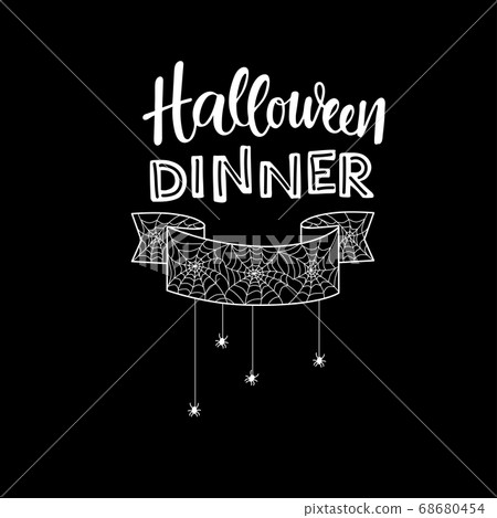 Halloween dinner - handwritten sign with spider web illustration for create menu, invitation, banner, flyer. Vector stock illustartion on chalkboard background. Halloween dinner - handwritten sign with spider web illustration for create menu, invitation, banner, flyer. Vector stock illustartion on chalkboard background. 68680454