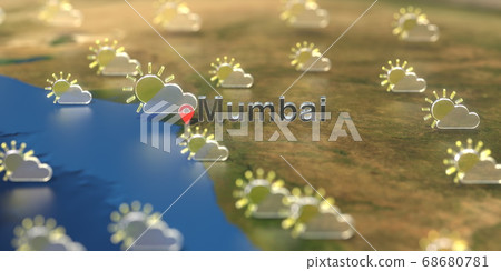 Mumbai city and partly cloudy weather icon on the map, weather forecast related 3D rendering Mumbai city and partly cloudy weather icon on the map, weather forecast related 3D rendering 68680781