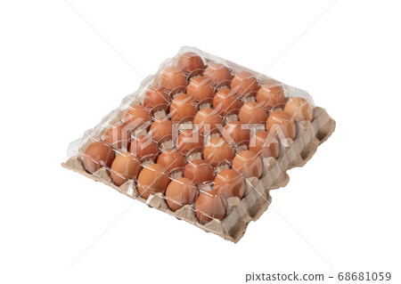 Fresh raw chicken eggs in carton egg box on white 68681059