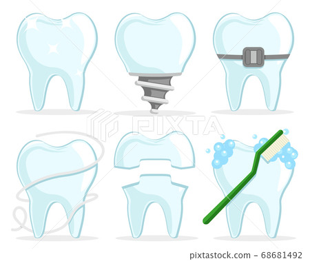 Set of teeth with a pin, braces, dental floss and Set of teeth with a pin, braces, dental floss and 68681492