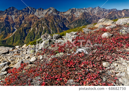 日本黑莓的秋葉和矛和穗高山脈在北阿爾卑斯山Chogatake的山脊上 68682730