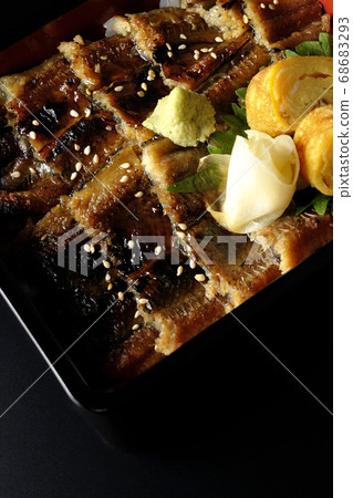 孔子骨小,使用大量鰻魚,芥末,加里和煎雞蛋(黑色背景,鳥瞰) 孔子骨小,使用大量鰻魚,芥末,加里和煎雞蛋(黑色背景,鳥瞰) 68683293