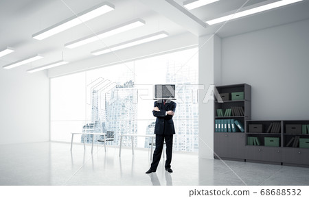 Businessman with laptop instead of head. 68688532