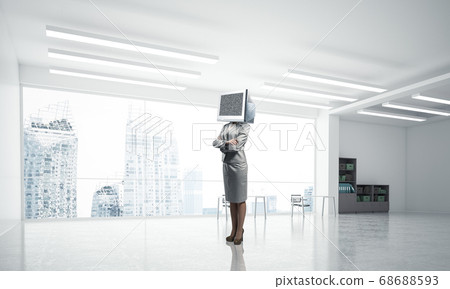Business woman with monitor instead of head. Business woman with monitor instead of head. 68688593