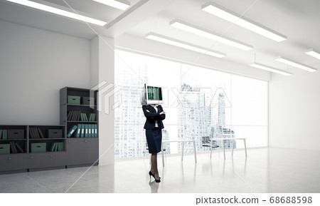 Business woman with monitor instead of head. Business woman with monitor instead of head. 68688598