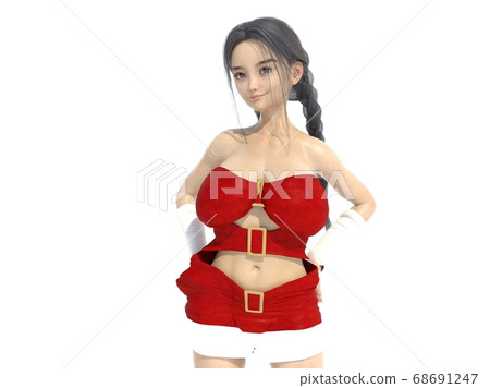Girl with pigtails in Christmas costume standing in studio on white bac 68691247