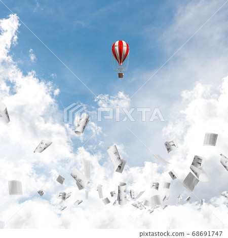 Flying hot air balloon in the air. Flying hot air balloon in the air. 68691747