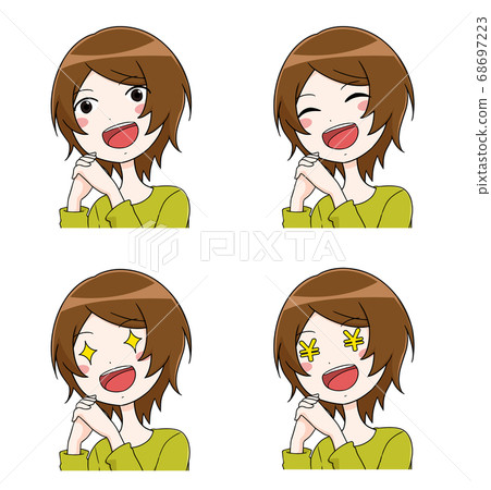 一組快樂的面部表情，例如雙手在臉旁折疊的女人的發光的眼睛和金錢的眼睛 68697223