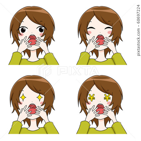 一組使您看起來驚訝和愉悅的面部表情，例如棕色頭髮的女人的閃亮眼睛和金錢的眼睛。 68697224