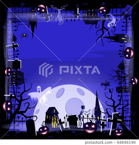 Template Halloween holiday pumpkin, cemetery, black abandoned castle, attributes of the holiday of All Saints, ghost, spider, black cat, a witch on a broomstick, a gloomy autumn forest, panorama, the Template Halloween holiday pumpkin, cemetery, black abandoned castle, attributes of the holiday of All Saints, ghost, spider, black cat, a witch on a broomstick, a gloomy autumn forest, panorama, the 68698190