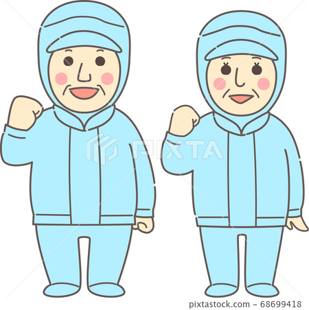 中老年人穿著無塵衣服冒充笑容/藍色 中老年人穿著無塵衣服冒充笑容/藍色 68699418