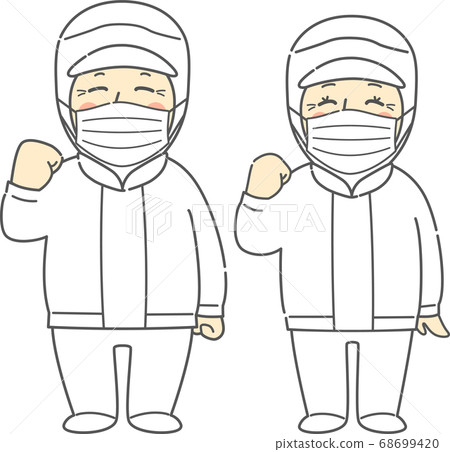 成熟的男人和女人穿著無塵衣服去冒充姿勢面具白色 成熟的男人和女人穿著無塵衣服去冒充姿勢面具白色 68699420