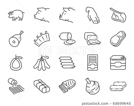 Pork line icon set. Included the icons as pig, ham, sausage, food, ingredient, meat products and more. Pork line icon set. Included the icons as pig, ham, sausage, food, ingredient, meat products and more. 68699648