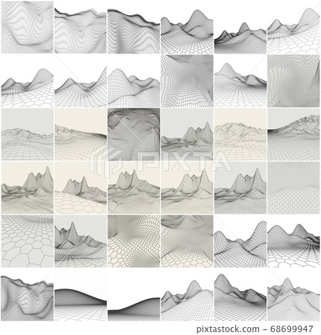 Set of 36 wireframe landscape backgrounds. Retro background futuristic landscape 1980s style. Digital landscape cyber surface. Synth wave music album cover template. 68699947