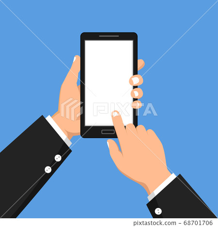 Hand hold smartphone in flat style isolated on... - Stock Illustration ...