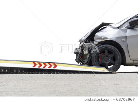 accident Car Slide on truck for move. Gray car accident Car Slide on truck for move. Gray car 68702967