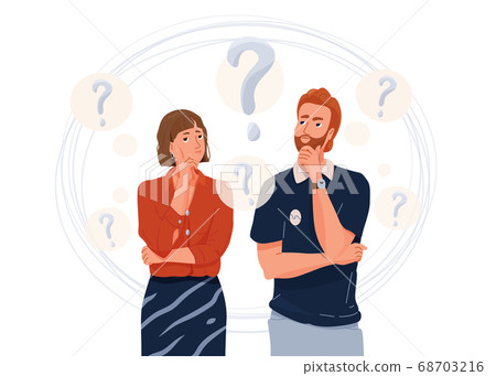 Young couple think about problem. Question symbol. Troubled woman and man thinking together. Vector illustration in simple flat cartoon style isolated on white background 68703216