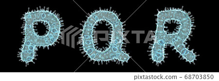 Set of letters made of virus isolated on black background. Capital letter P, Q, R. 3d rendering. Covid font Set of letters made of virus isolated on black background. Capital letter P, Q, R. 3d rendering. Covid font 68703850