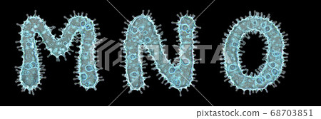 Set of letters made of virus isolated on black background. Capital letter M, N, O. 3d rendering. Covid font Set of letters made of virus isolated on black background. Capital letter M, N, O. 3d rendering. Covid font 68703851