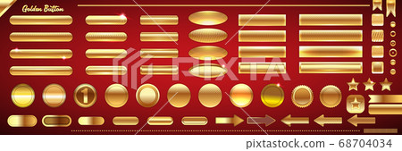 Web vector golden and bronze buttons, stars, ribbons, labels, frames, arrows and badges collection isolated on classic red background. Christmas golden buttons set isolated on classic red background 68704034