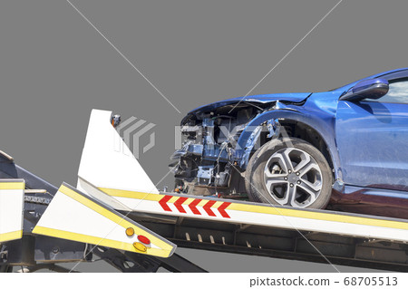 accident Car Slide on truck for move. Blue car accident Car Slide on truck for move. Blue car 68705513