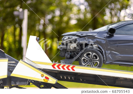 accident Car Slide on truck for move. Black car accident Car Slide on truck for move. Black car 68705543