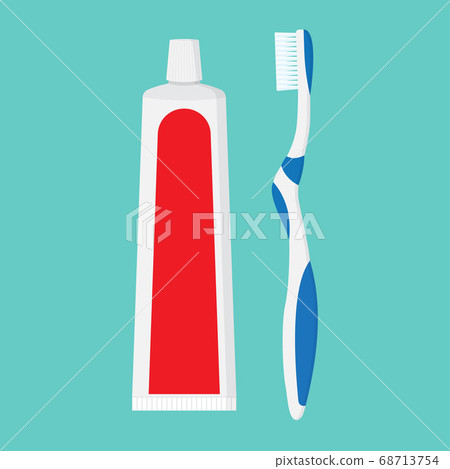 Tube of toothpaste and toothbrush. Brushing teeth. 68713754