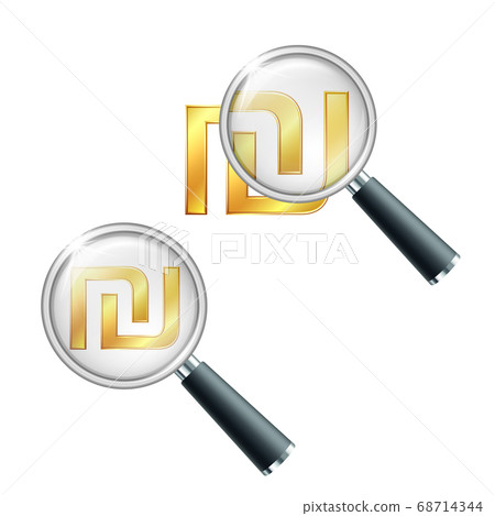 Israeli shekel currency golden shiny symbol with magnifying glass. 68714344