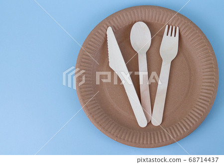 Eco-friendly biodegradable paper tableware served for one person top view Eco-friendly biodegradable paper tableware served for one person top view 68714437