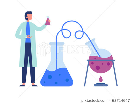 Chemistry scientist with scientific lab equipments doing experiment. Heating flask with liquid for research Chemistry scientist with scientific lab equipments doing experiment. Heating flask with liquid for research 68714647