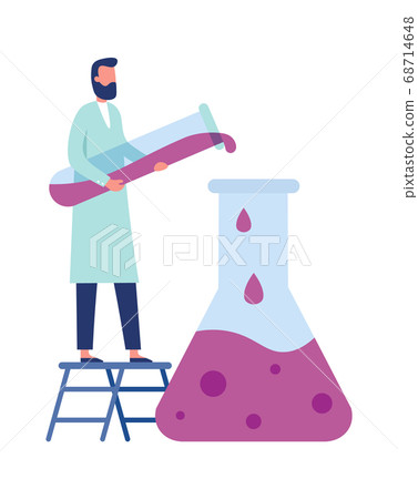 Chemistry laboratory worker. Man in white coat doing clinical science experiments with equipment as tube, flask Chemistry laboratory worker. Man in white coat doing clinical science experiments with equipment as tube, flask 68714648