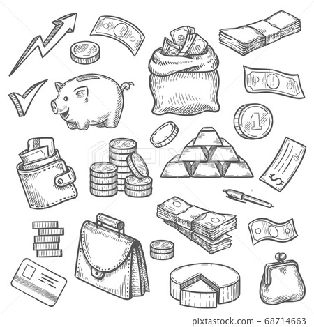 Money and finance sketch. Credit card, gold bars, purse, briefcase and dollars sack. Coins, piggy bank, business investment icons vector set Money and finance sketch. Credit card, gold bars, purse, briefcase and dollars sack. Coins, piggy bank, business investment icons vector set 68714663