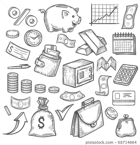 Money and banking sketch. Hand drawn dollar banknote and coin, piggy bank and business chart. Wallet, gold bar finance investment vector set 68714664