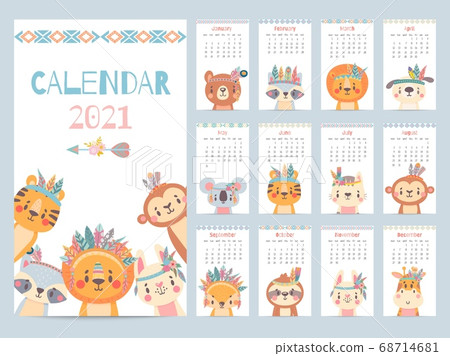 Tribal animal calendar. Monthly 2021 calendar with cute forest animals, savanna characters. Bear, fox and lion, rabbit, giraffe vector image 68714681