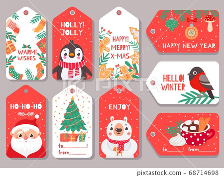 Christmas tag. Winter holiday xmas gift labels with cute characters santa, bear and bullfinch, penguin and festive lettering vector set Christmas tag. Winter holiday xmas gift labels with cute characters santa, bear and bullfinch, penguin and festive lettering vector set 68714698