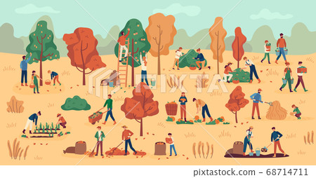 Harvest season. Farmers on plantation collecting fruits, vegetables and berries. Stacking hay, agricultural autumn work vector background Harvest season. Farmers on plantation collecting fruits, vegetables and berries. Stacking hay, agricultural autumn work vector background 68714711