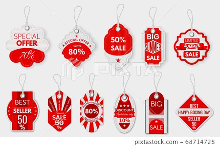 Red sale labels. Various paper discount price tags with ropes, shopping promotion pricing sign, special deal hanging label mockup vector set Red sale labels. Various paper discount price tags with ropes, shopping promotion pricing sign, special deal hanging label mockup vector set 68714728