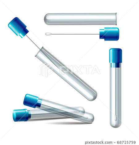 Set of transparent plastic tubes with blue cap and Cotton swabs in 3d realistic vector isolated on white 68715759