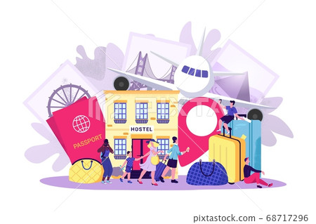 People travel trip, vector illustration. Flat journey tourism, cartoon vacation concept, Woman man tourist character in summer tour. 68717296