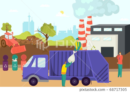 Garbage trash at waste recycle factory, vector illustration. Environment plant technology concept, flat industry for ecology. 68717305