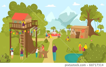 Boy girl children activity at summer tree house, happy childhood at nature park vector illustration. People at house landscape 68717314