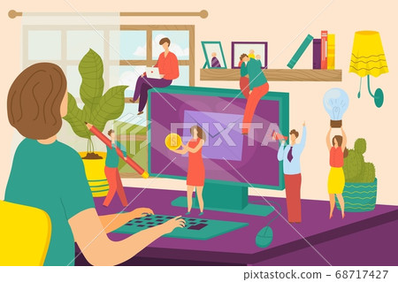 Creative office people character work at computer concept, vector illustration. Business abstract analysis design, man woman cartoon employee. 68717427