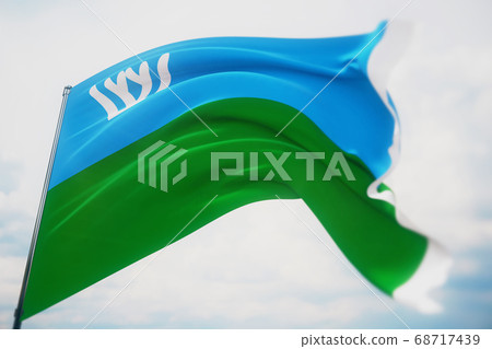 Flag of Khanty-Mansi Autonomous Okrug. High resolution close-up 3D illustration. Flags of the federal subjects of Russia. Flag of Khanty-Mansi Autonomous Okrug. High resolution close-up 3D illustration. Flags of the federal subjects of Russia. 68717439