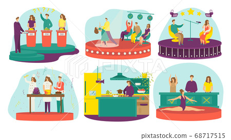 Televison show, tv live news, host interview set of vector illustrations. Television media presenters, cameraman, video camera shooting crew. 68717515