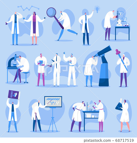 Scientists characters set, people of science, doctors male and female people in laboratory isolated vector illustrations. Scientific research. Scientists characters set, people of science, doctors male and female people in laboratory isolated vector illustrations. Scientific research. 68717519