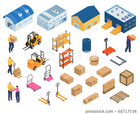 Isometric warehouse, industrial equipment for storage and distribution, set of isolated vector illustrations. Forklifts carrying pallets. 68717536