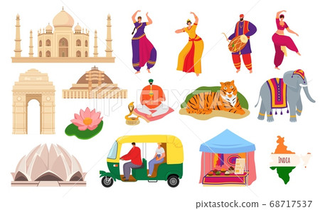Travel to India, indian landmark tourism set of vector illustrations. Taj mahal building architecture and culture, hindustani people. 68717537