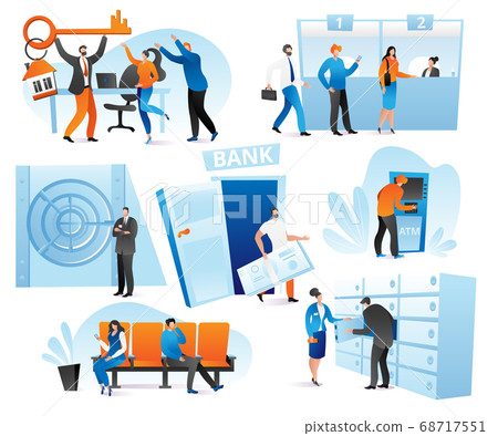 Banking financial services in bank set of vector illustration. Credit payment, counter desk, cashier, consulting and queuing for ATM. 68717551