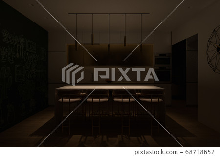 3D illustration of a kitchen with lighting under cooking island 68718652