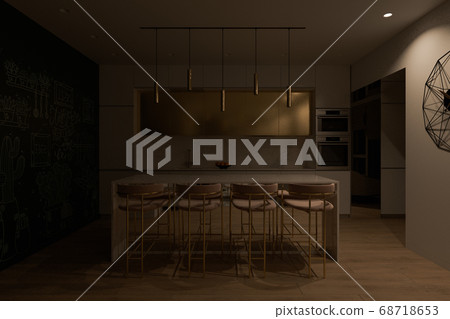 3D render of a kitchen with big cooking island and night lighting 68718653